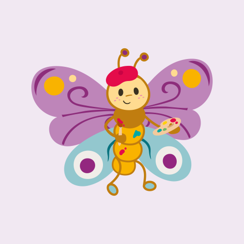 Happy butterfly holding paintbrush and palette with purple and blue wings