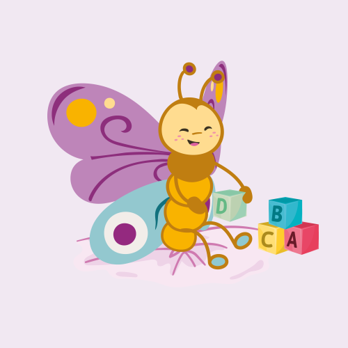 Lächelnder Schmetterling mit violetten Flügeln hält einen Würfel mit dem Buchstaben D