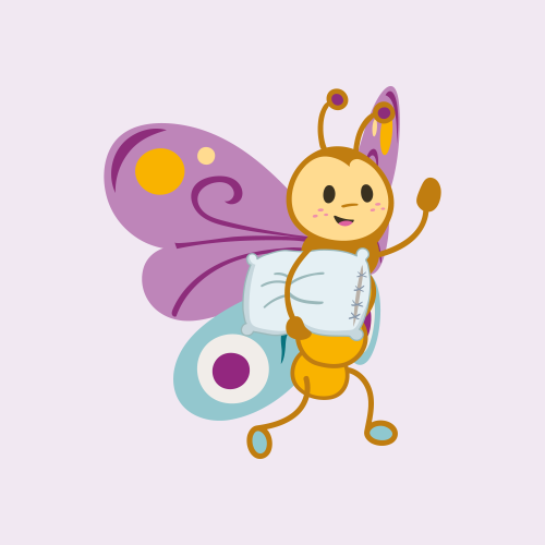 Happy butterfly with purple and blue wings holding a pillow