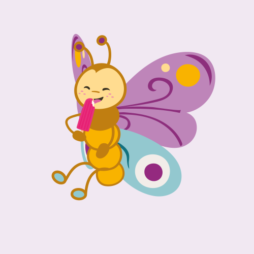 Happy butterfly with purple wings eating a pink popsicle