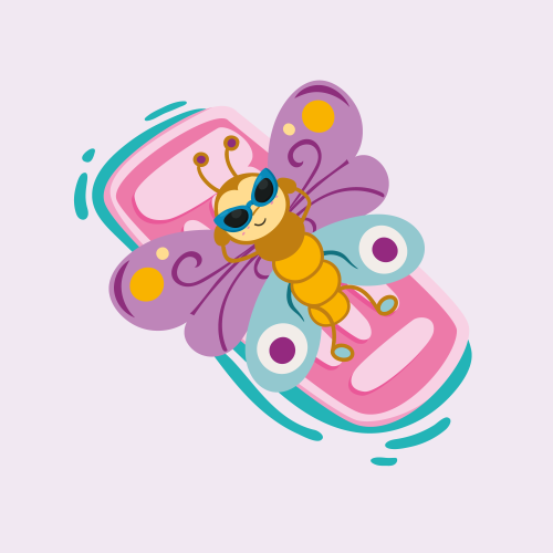 Colorful butterfly caterpillar wearing sunglasses on pink and blue shapes