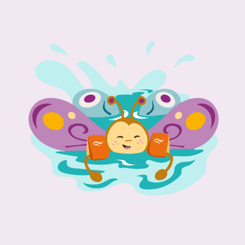 Smiling butterfly with floaties swimming in water with splashes